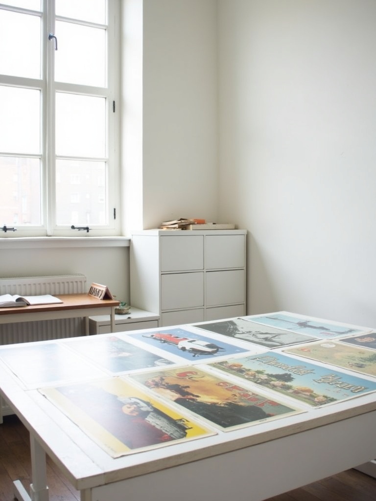 Interior of a small Hackney archive studio with a large light table and restored mid-century posters