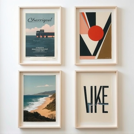 Flat-lay of four restored mid-century British prints in a 2x2 arrangement